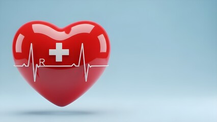 Obraz premium Glossy red heart with white cross and electrocardiogram pulse line, symbolizing health, cardiology, and medical care on a clean blue background.