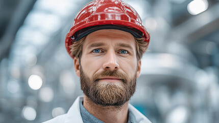 Portrait of engineer in red hard hat at modern factory, confident look, clean production, high safety standards