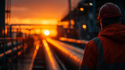 Engineer in hard hat observes industrial facility at sunset, light reflecting on pipelines, emphasizing safety and control
