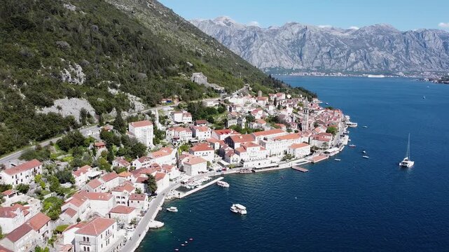 Aerial view of the historic village of Perast and the Bay of Kotor in Montenegro