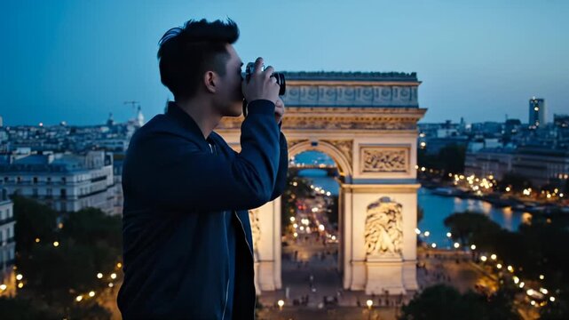 Man photographs Arc de Triomphe at evening in Paris. Tourist takes photo of Paris monument during blue hour. Photographer captures Arc landmark. Man with camera at Arc de Triomphe evening view.