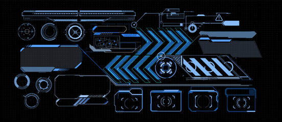 digital interface layout presents shapes and patterns in blue colors over a black surface. Lines and symbols are arranged for visual interest and functionality.