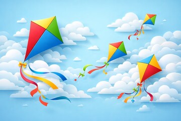 A 3D illustrative sky scene with colorful kites flying among fluffy clouds. Use strong layered depth, smooth paper-cut shapes, flowing ribbon tails, bright primary colors, soft shadows