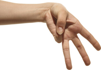 Hand gesture with three fingers pointing down on transparent background. Concept of downward direction, interface navigation, user attention, call to action, visual guidance.