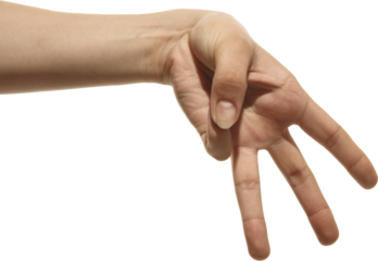 Hand gesture with three fingers pointing down on transparent background. Concept of downward direction, interface navigation, user attention, call to action, visual guidance.