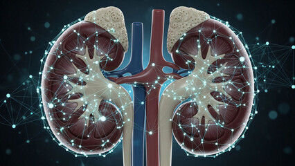 Detailed anatomical illustration of human kidneys with a digital network overlay, representing medical technology and data analysis.