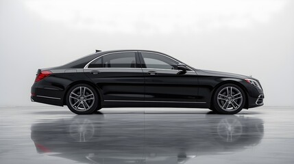 Obraz premium Sleek black luxury sedan parked on wet pavement at dusk with elegant reflections and premium design details