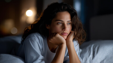 Obraz premium Young beautiful faceless woman at home bedroom lying in bed late at night trying to sleep suffering insomnia sleeping disorder scared nightmares looking sad worried stressed