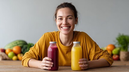 Obraz premium Happy young woman holding two bottles of colorful healthy detox juice or smoothies with fresh fruit and vegetables in background promoting healthy lifestyle