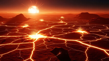 A desolate, fiery alien landscape with glowing cracks and eruptions under a large, intense sun.