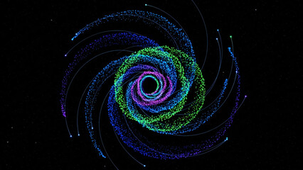 Abstract swirling vortex of colorful particles on a dark background, creating a dynamic and mesmerizing visual effect.