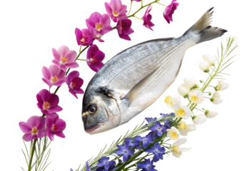 Sea bream fish flowers arrangement, fresh seafood purple orchids white blooms decoration, isolated on a transparent background
