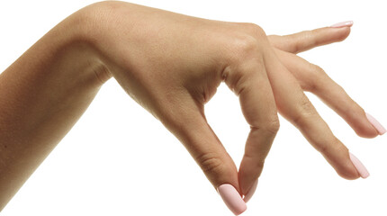 Hand pinching gesture with curved fingers turned downwards on transparent background. Concept of action trigger, idea grabbing, user engagement, interaction start, and dynamic movement.