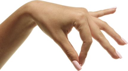 Hand pinching gesture with curved fingers turned downwards on transparent background. Concept of action trigger, idea grabbing, user engagement, interaction start, and dynamic movement.