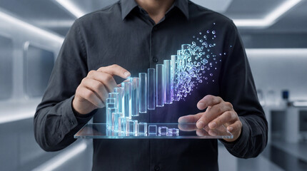 Businessman interacting with virtual data graph on transparent screen