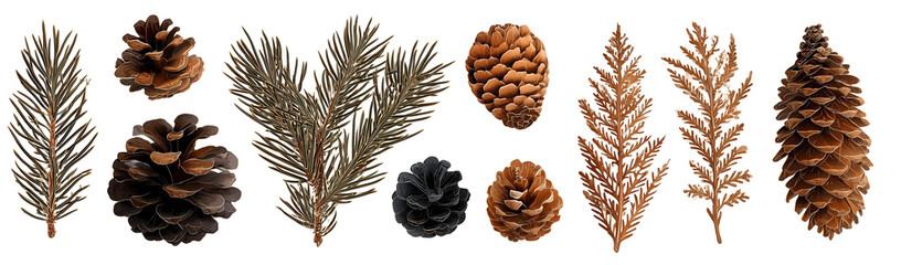 Collection of Pine Cones and Sprigs on Black Background