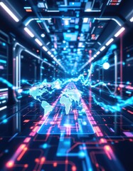 Obraz premium Futuristic tunnel, glowing circuitry, world map, digital data stream