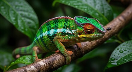 Obraz premium Colorful Chameleon on a Branch - A Vibrant Wildlife Portrait.
