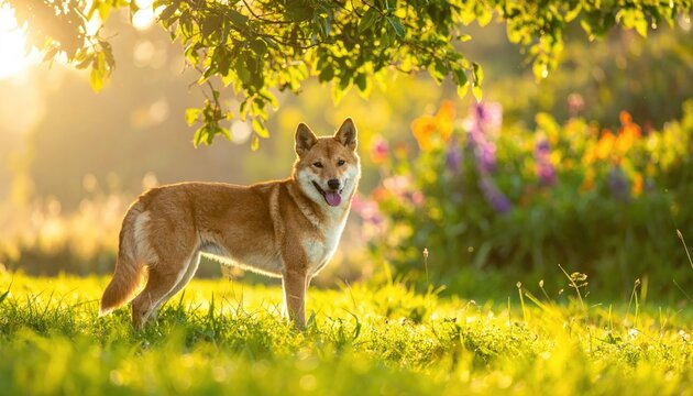 A happy dingo stands in the sunshine, the grass and flowers, and the leaves