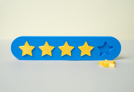 Loss of one star rating. Deterioration in service, bad review. Lower rating. Reputation risk concept, customer dissatisfaction and impact of negative feedback on business trust