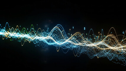 A dynamic, abstract wave of glowing blue, green, and gold particles flowing across a dark background, representing data, energy, or digital information with subtle financial symbols.