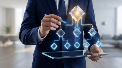 Businessman interacting with virtual flowchart on tablet in office