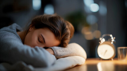 Sleepless faceless woman suffering from insomnia sleep apnea stress tired exhausted state headache migraine awake middle of night frustrated person with problem alarm clock