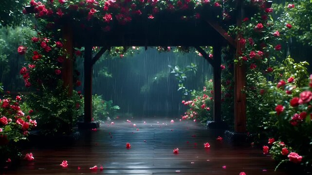 A vivid portrayal of a lush garden with a wooden arbor adorned with climbing roses. The scene is set against a backdrop of a cascading waterfall, creating a serene atmosphere.
