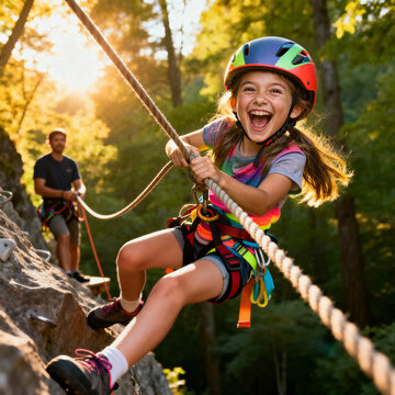 Energetic young girl with a vibrant helmet and harness gleefully descends a rocky cliff, enjoying outdoor adventure with adult supervision.