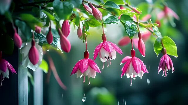 A closeup of pink and white fuchsia flowers with water droplets on them, set against a blurred green background.