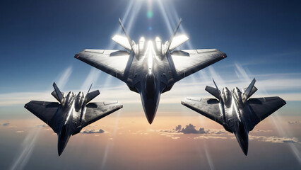 Three advanced stealth fighter jets flying in formation under bright sun rays in a clear sky.