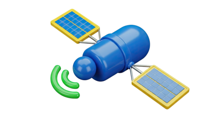 3D Cartoon Satellite with Solar Panels and Signal Waves