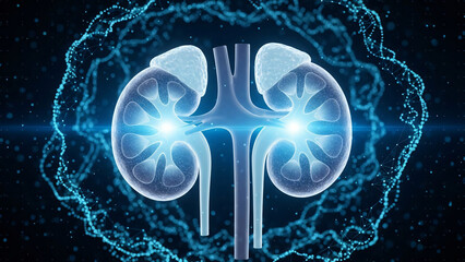 Digital illustration of human kidneys with glowing energy, surrounded by a blue particle field, representing health and medical science.