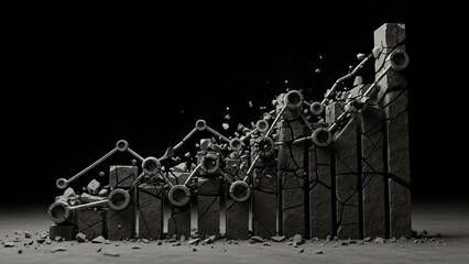 A crumbling stone bar chart and line graph depicting financial crisis, economic downturn, or data failure in a dark, dramatic setting.