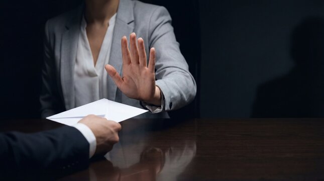 Businesswoman in suit refuses envelope offered by another hand, conveying rejection and ethical boundary with serious expression and formal setting - Powered by Adobe