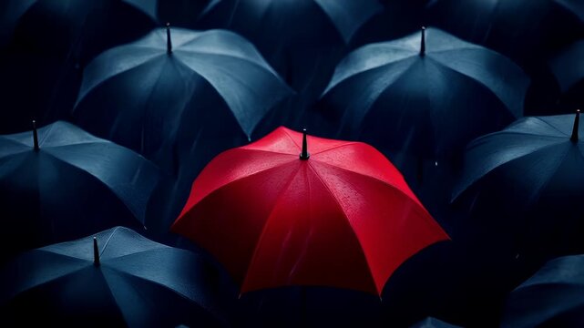 A closeup of a group of umbrellas, predominantly in shades of blue and red, with one red umbrella standing out prominently in the center.