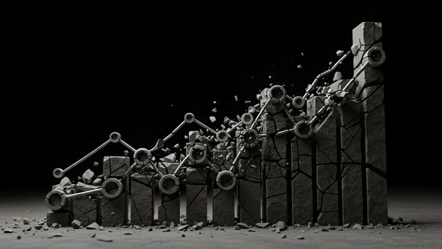 A crumbling stone bar chart and line graph depicting financial crisis, economic downturn, or data failure in a dark, dramatic setting. - Powered by Adobe