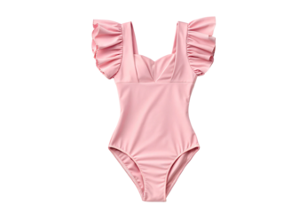 Pink one-piece swimsuit ruffle sleeves square neckline girls children's beachwear fashion, isolated on a transparent background