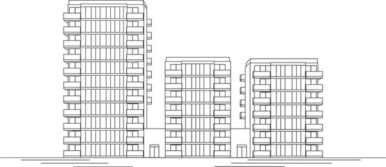 Modern high-rise apartment buildings in clean black and white line art style, featuring urban architecture and contemporary city structures © MstTanzila