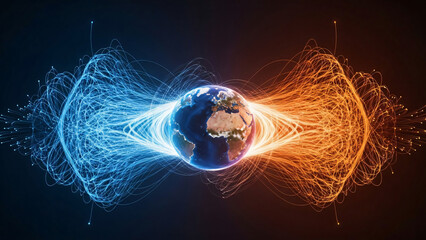 A glowing Earth orbited by swirling blue and orange energy lines, symbolizing global connectivity and data flow.