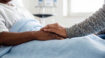 Comforting hand holding unidentifiable patient hand on hospital bed, gentle support and care during recovery