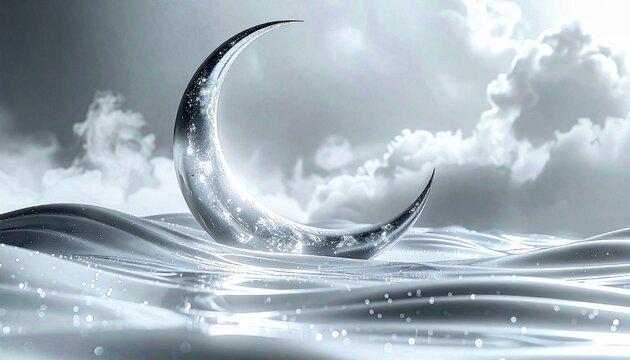 Ramadhan Elegant Silver Crescent Moon Rising from Mystical Liquid Waves in Ethereal Fog