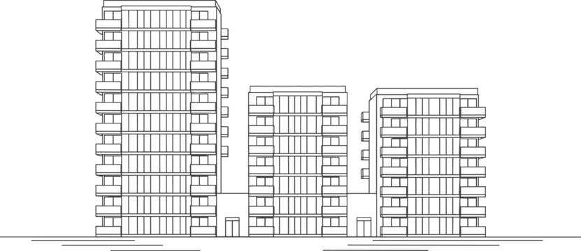 Modern high-rise apartment buildings in clean black and white line art style, featuring urban architecture and contemporary city structures