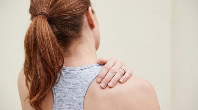 Woman with ponytail touching painful shoulder, showing discomfort and muscle tension in casual tank top
