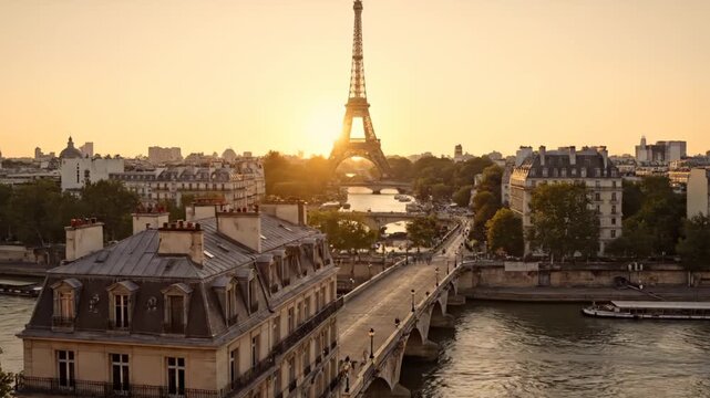 Woman watches Seine River at sunset from Paris bridge. Tourist views Eiffel Tower and Seine during golden hour. Woman on bridge overlooks Paris river at sunset. Seine view with tower from bridge.
