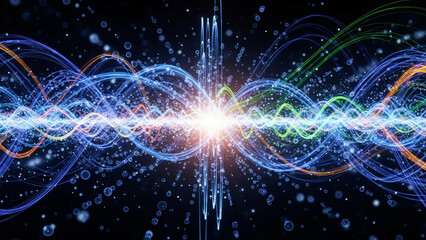 Fototapeta premium A vibrant abstract depiction of energy waves and particles interacting in a dark, digital-like space.