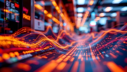 Data Flow: A captivating visual representation of complex data streams and financial trends, with dynamic lines of light weaving through a futuristic, technology-driven landscape.