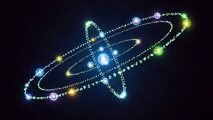 Stylized atomic model with glowing particles orbiting a central nucleus on a dark background, representing quantum physics or a miniature solar system.