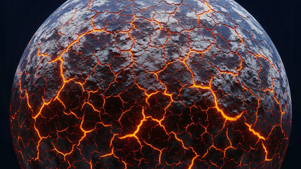 Close-up of a dark, cracked spherical object glowing with intense orange-red light from within, resembling a molten planet or volcanic moon.