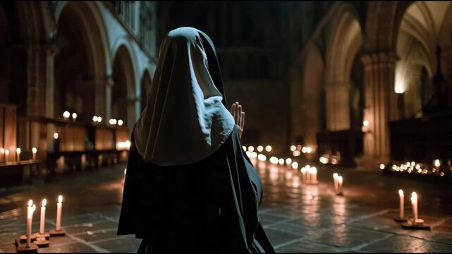 A solitary nun kneels in prayer amidst a sea of flickering candlelight within the grandeur of an ancient cathedral, embodying deep spiritual reflection and devotion